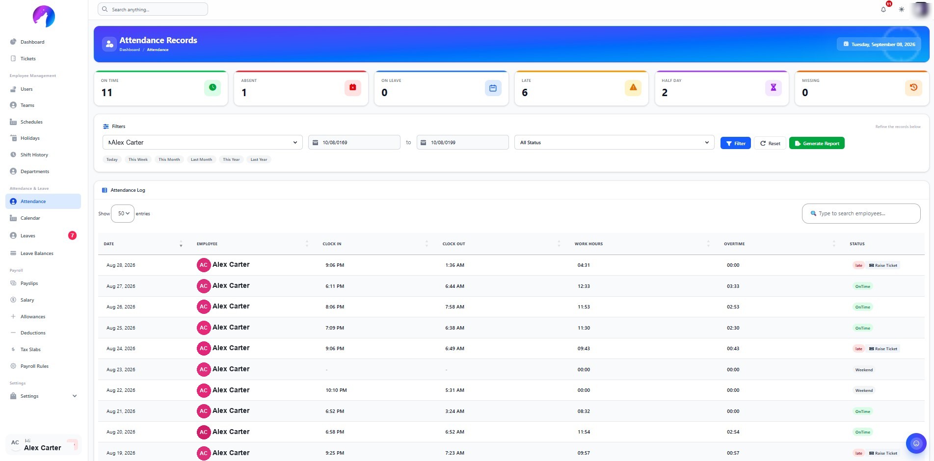 SavTech HRMS attendance log with clock-in, clock-out, work hours and status per day.