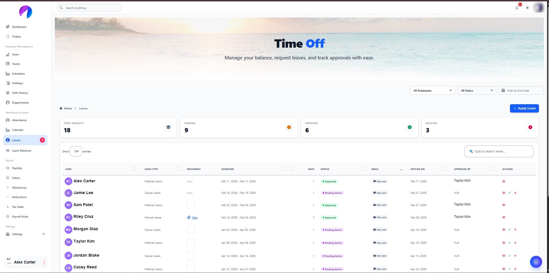 SavTech HRMS leave management with requests, types, durations, approvals and status.