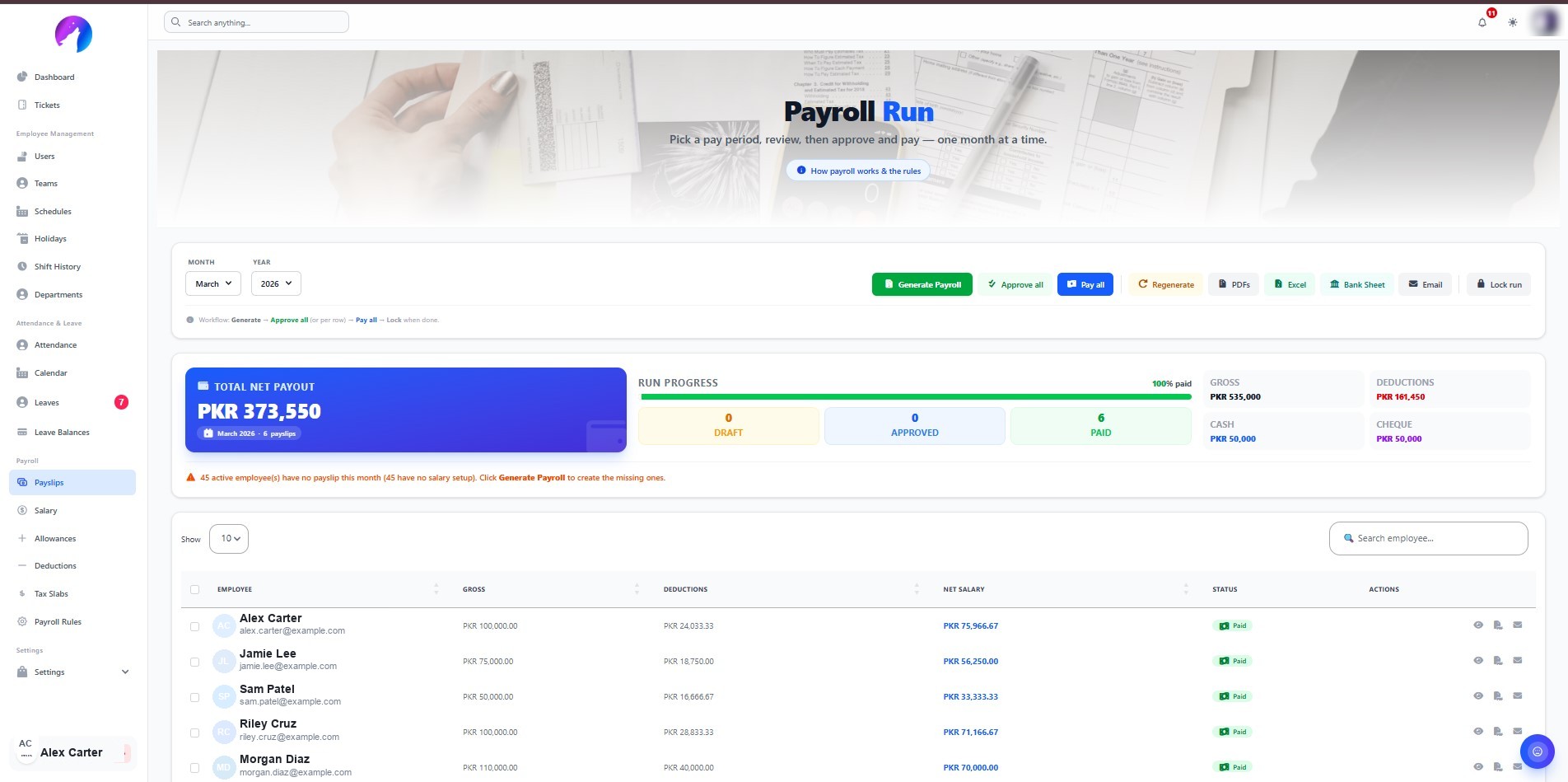 SavTech HRMS payroll run with per-employee gross, deductions, net salary and paid status.